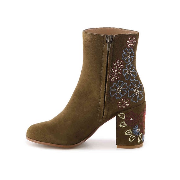 Olive Floral Brocade Genuine Suede Block Heel Boot - Picture 3 of 5